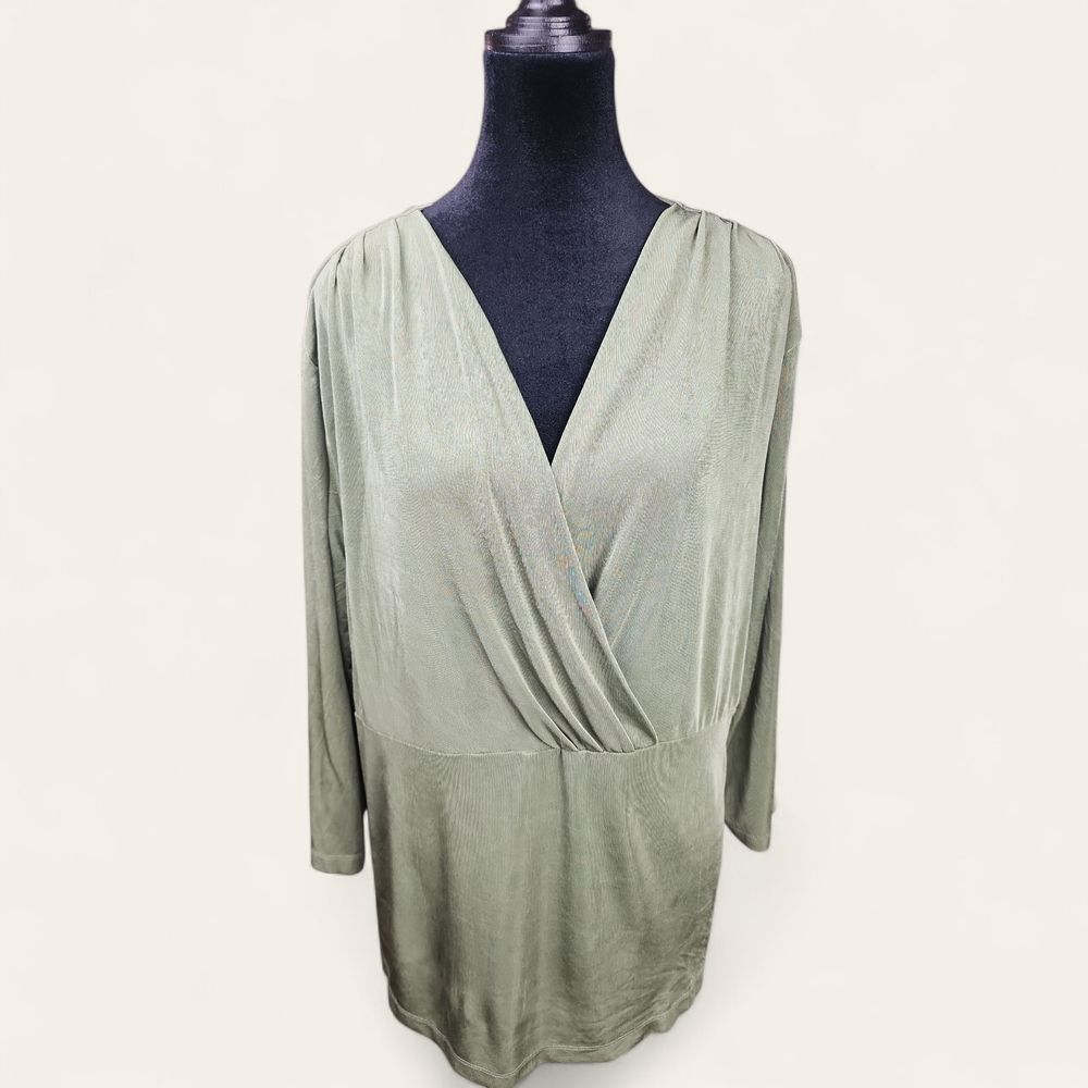 COLDWATER CREEK | Neutral Slinky Olive Green Ribbed Lagenlook Drape Top | XL